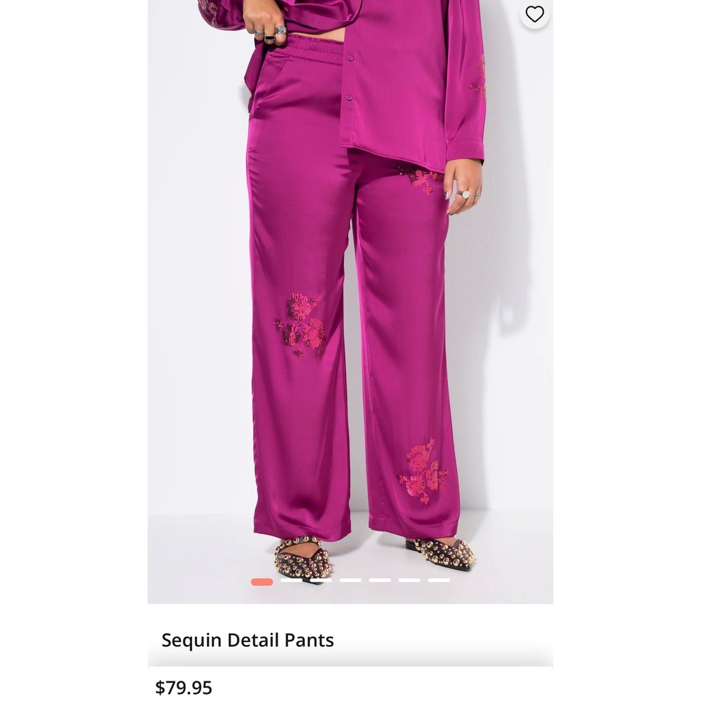 NWT Studio Untold‎ Ulla Popken Magenta Sequin Floral Wide Leg Satin Pants 24 FUN